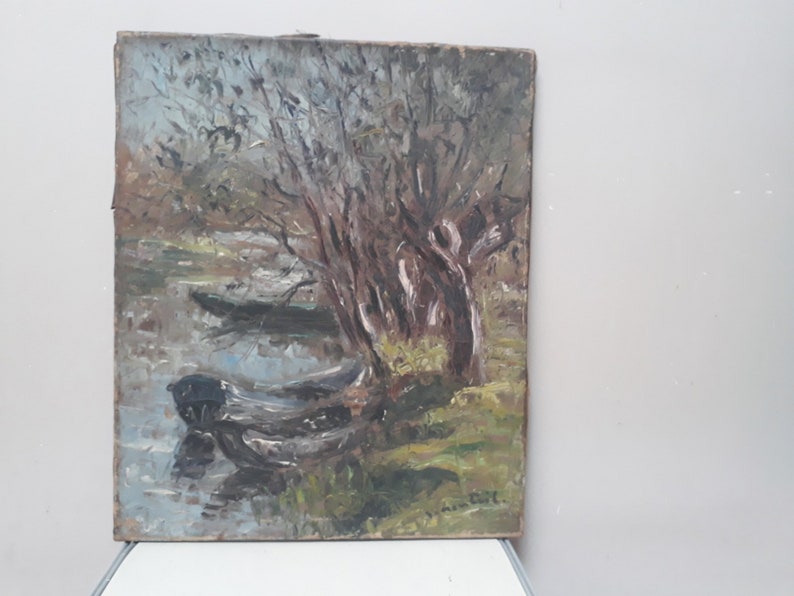Peinture d'une rivière, tableau de paysage, barques, huile sur toile signée ancienne image 1