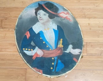 Dessin original au pastel ancien, portrait de garçon en uniforme, sous verre