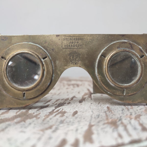 French stereoscope, antique folding travelling brass viewer, Verascope