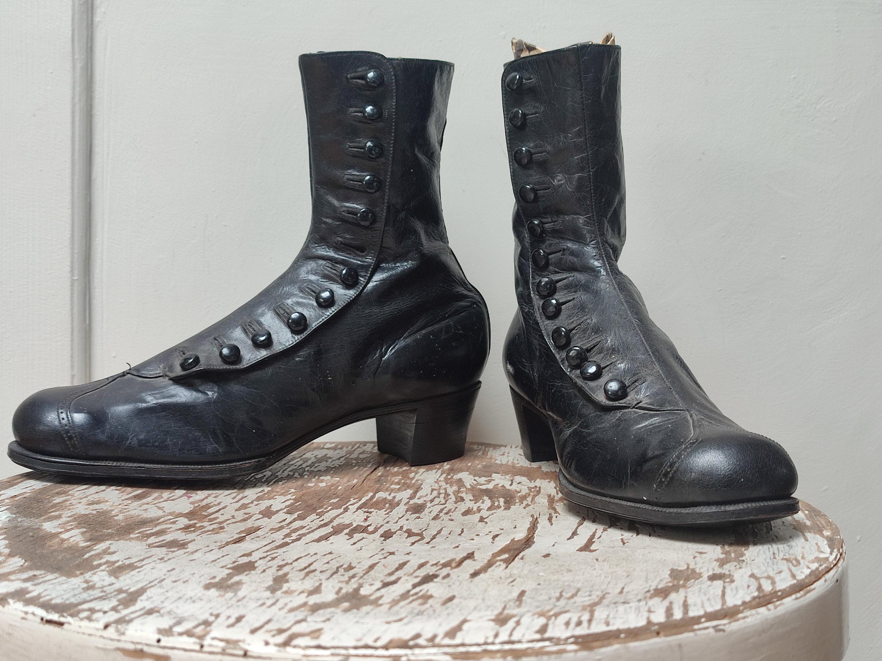 Antique Black Leather Button Ankle Boots - Etsy