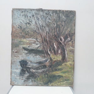 Peinture d'une rivière, tableau de paysage, barques, huile sur toile signée ancienne image 2