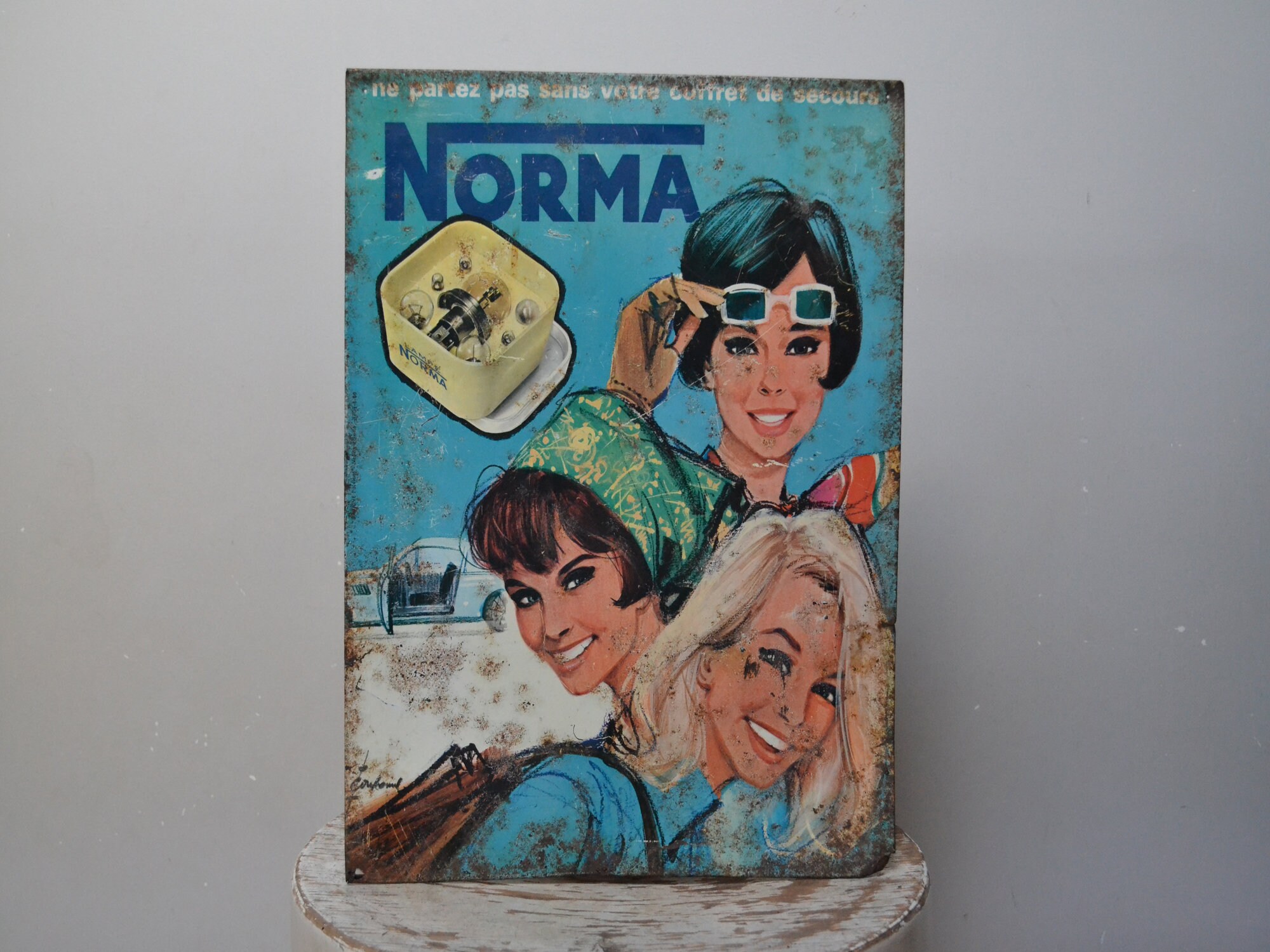 Affiche Publicitaire en Tôle Rouillée Pour Pièces de Voitures, Années 60, Norma