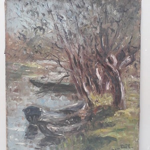 Peinture d'une rivière, tableau de paysage, barques, huile sur toile signée ancienne image 7