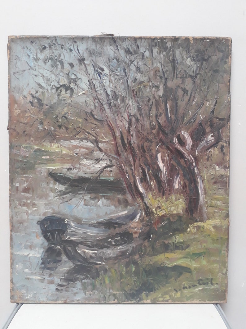Peinture d'une rivière, tableau de paysage, barques, huile sur toile signée ancienne image 7
