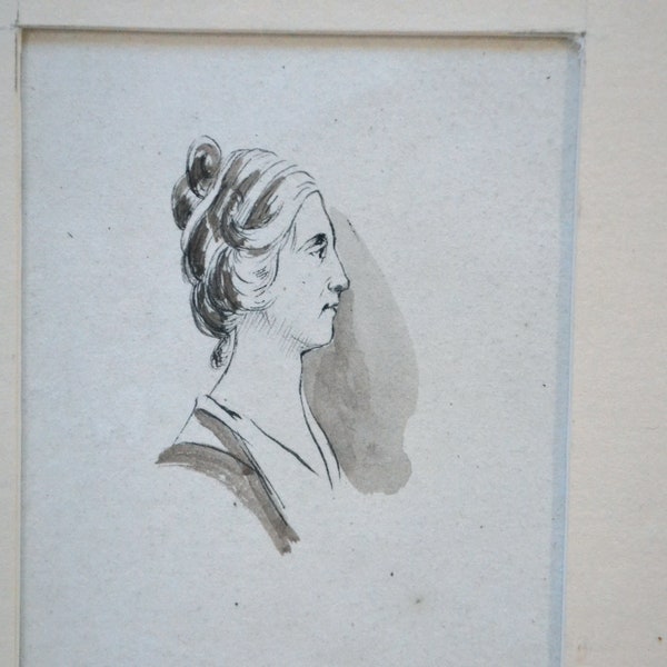 Portrait miniature romantique, actrice de théâtre, dessin de boudoir antique, original XIXème