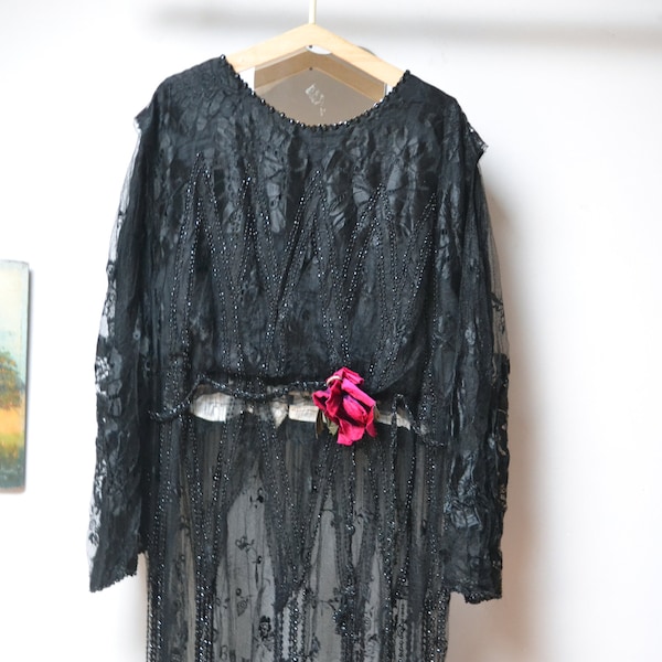 1920 black beaded lace dress, Gatsby original evening look, size 38