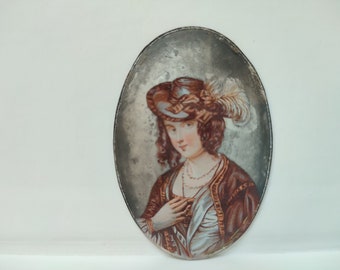 Miniature reverse painting portrait, Victorian lady for jewelry or doll's house accessory