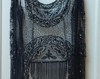 Art Deco beaded and embroidered net tabard, 20s black asymmetrical tunic