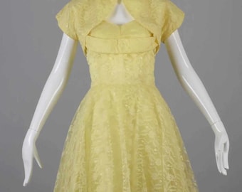 S Vintage 1950s 50s Yellow Lace Party Dress Matching Bolero Jacket Cocktail VLV