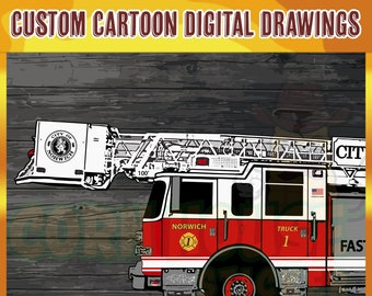 Custom Cartoon digital drawings of Fire apparatus or emergency response vehicles.