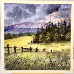 Nachtlandschaft Original Aquarell Malerei Karte (kein Druck) Handgemaltes Handmade 6 Zoll