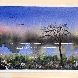 Paisagem, lixo, arte, artesanato, local, único, natureza, flor, pintura em aquarela original, cartão (não é uma impressão) pintado à mão, feito à mão, A6