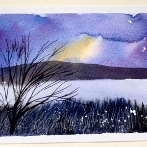 Paisaje invernal pintado a mano (no es una impresión) Pintura de acuarela original Tarjeta A6