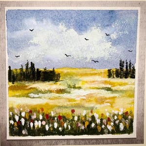 Paesaggio di fiori Vacanza Acquerello originale dipinto a mano (non una stampa) Dipinto di paesaggio Carta da 6 pollici