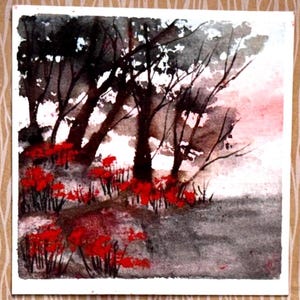Cartão de pintura em aquarela original de paisagem (não é uma impressão) Pintado à mão Feito à mão 5 polegadas quadradas