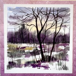 Alberi invernali Paesaggio Paesaggio Vacanza Acquerello originale Dipinto a mano (non una stampa) Paesaggio Dipinto Carta 6 pollici