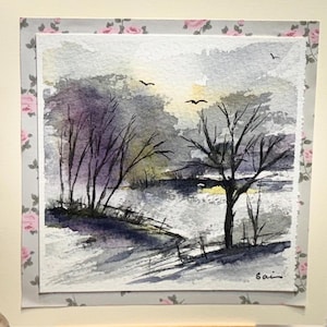 Winter Landschaft Original Aquarell Malerei Karte (kein Druck) Handgemalte Handmade 6 Zoll