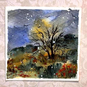 Carte de peinture aquarelle originale paysage (pas une impression) Peint à la main à la main 5 pouces carrés
