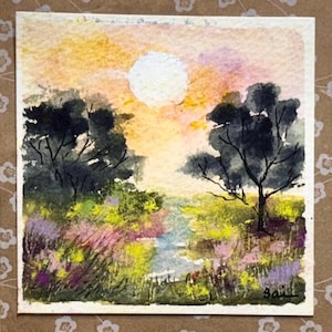 Carte de peinture aquarelle originale paysage (pas une impression) Peint à la main à la main 5 pouces carrés
