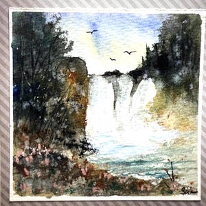 Paesaggio con cascata, dipinto ad acquerello originale su carta (non una stampa) dipinto a mano, fatto a mano, 6 pollici