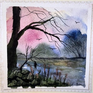 Landschapskaart originele aquarel handgeschilderd (geen afdruk) landschapsschilderij kaart 6 inch