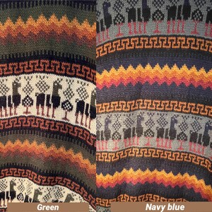 May include: Close-up of a knitted fabric with a repeating pattern of llamas and geometric designs. The fabric is shown in two colors: green and navy blue.
