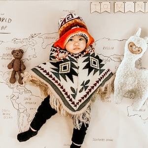 Baby Poncho 0-12 Months Boho Poncho Alpaca Poncho Fringe Poncho Kids Poncho Pullover Poncho Hooded Poncho Handmade 画像 1