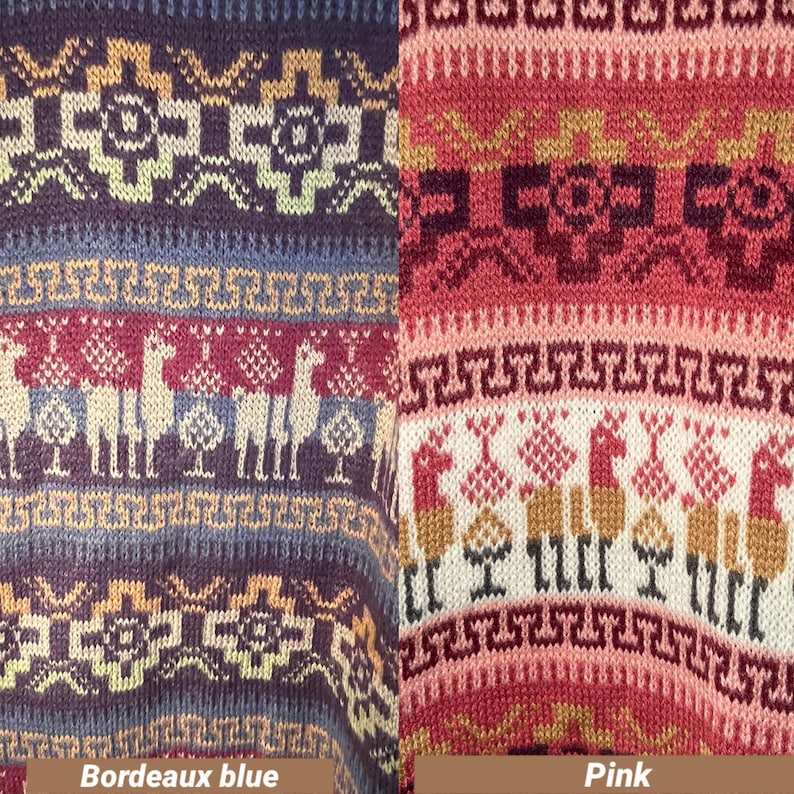 May include: Two knitted fabric swatches with a geometric pattern featuring llamas. The swatch on the left is a deep blue color with a burgundy and beige pattern. The swatch on the right is a pink color with a burgundy and beige pattern. The text "Bordeaux blue" is below the left swatch and the text "Pink" is below the right swatch.