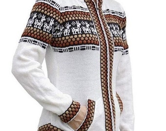 SALE Damen Alpaka Wollmischung gestrickte Kapuzen Pullover Jacke, Damen Strickjacke, Lama Pullover, Boho Pullover, Ethnic, Größe S M