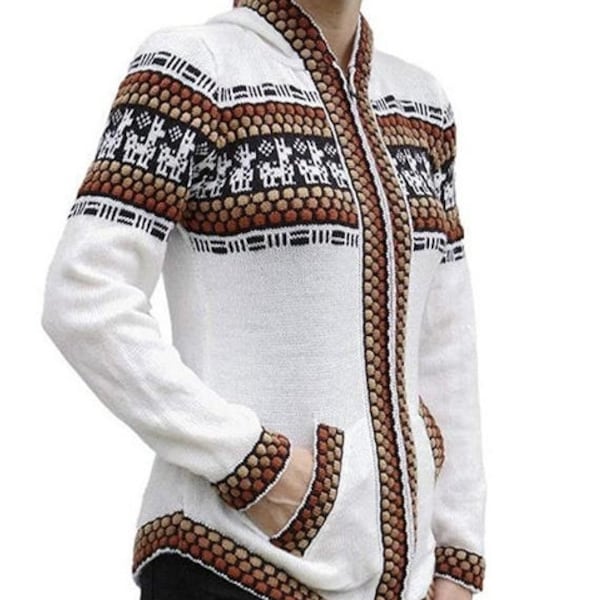 ON SALE Womens Soft Alpaca Wool Blend Knitted Hooded Sweater Jacket, Womens Cardigan, Llama Sweater, Boho Sweater, Ethnic, Size S M