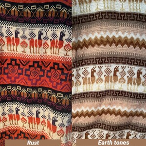 May include: Two close-up images of knitted fabric with different color schemes. The left image features a rust-colored fabric with a geometric pattern and the text "Rust". The right image features a fabric with earth tones and the text "Earth tones".