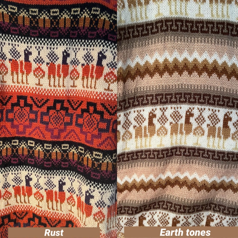 May include: Two close-up images of knitted fabric with different color schemes. The left image features a rust-colored fabric with a geometric pattern and the text "Rust". The right image features a fabric with earth tones and the text "Earth tones".