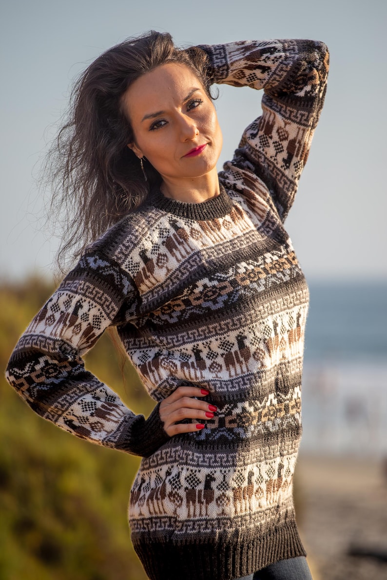 May include: A brown, white, and beige alpaca wool sweater with a geometric pattern. The sweater has a crew neck and long sleeves.