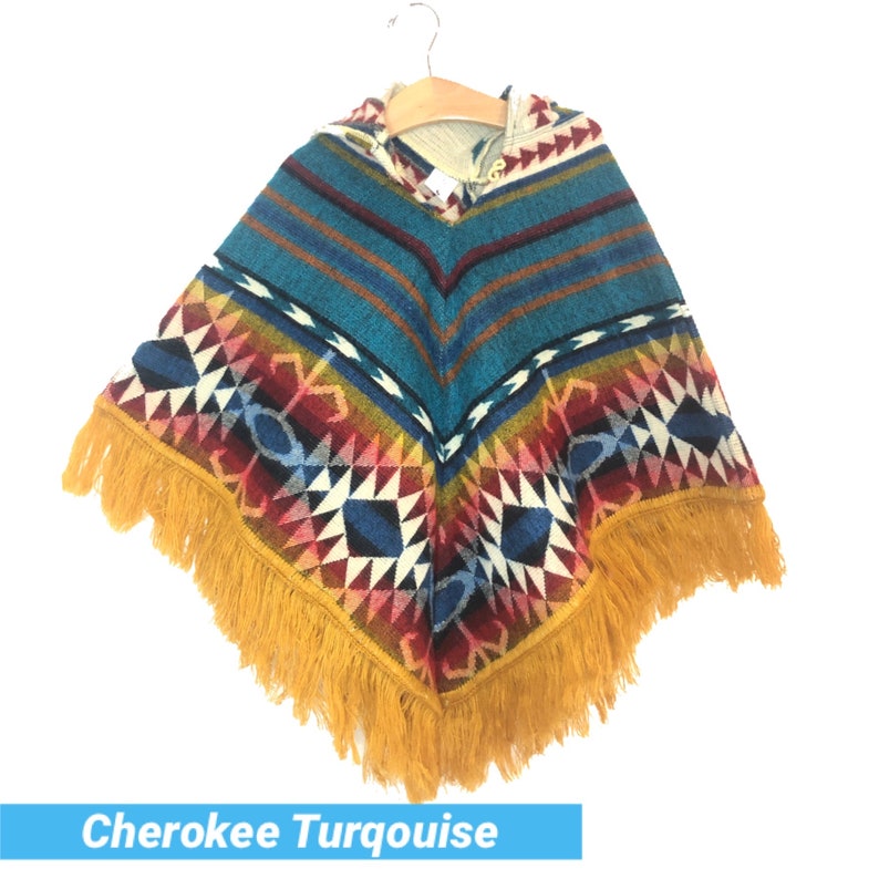 Alpaca Poncho Size 6 Children's Poncho Fringe Poncho Kids Poncho Boho Poncho Pullover Poncho Hooded Poncho Handmade Cherokee turquoise