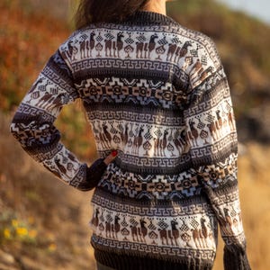 May include: A brown and white alpaca sweater with a geometric pattern. The sweater has a crew neck and long sleeves.
