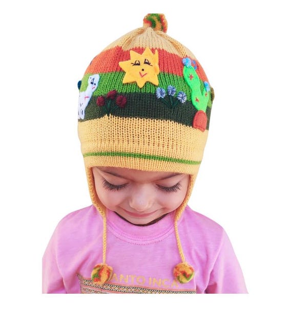 Knitted and Embroidered Childrens Beanie, Earflap Hat for  display picture 3