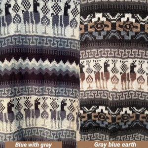 May include: Two close-up images of a knitted fabric with a geometric pattern. The fabric is white with blue, gray, and brown accents. The left image shows a blue and gray color scheme, while the right image shows a gray, blue, and brown color scheme. The fabric has a traditional Peruvian design.