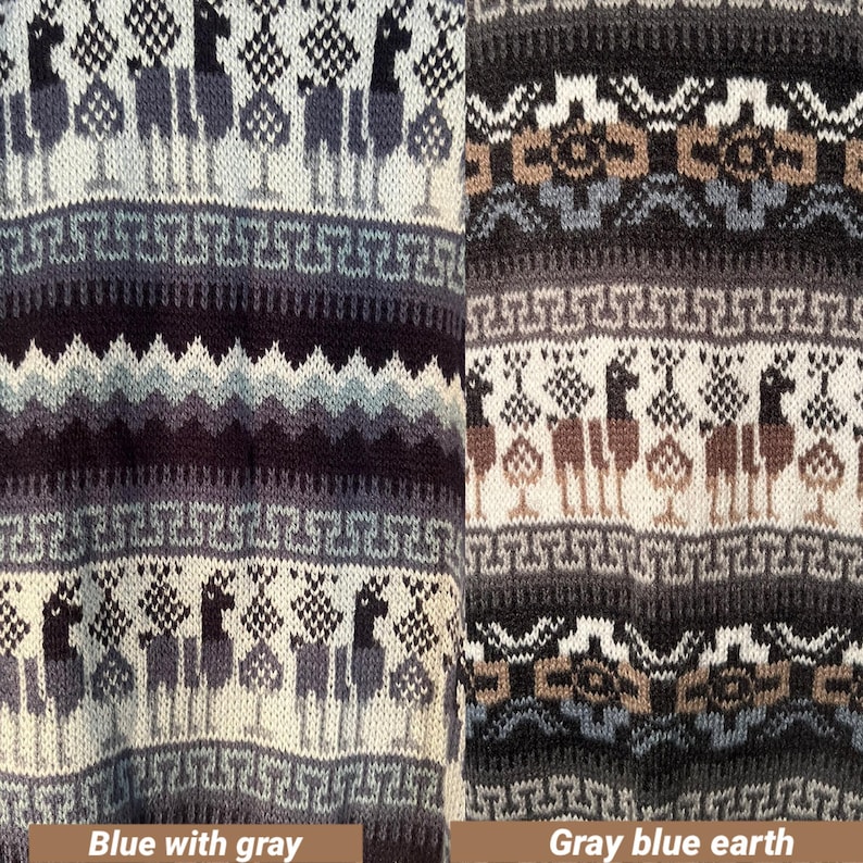 May include: Two close-up images of a knitted fabric with a geometric pattern. The fabric is white with blue, gray, and brown accents. The left image shows a blue and gray color scheme, while the right image shows a gray, blue, and brown color scheme. The fabric has a traditional Peruvian design.