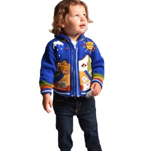 Kids Sweater Cardigan with Embroidered Details , Hooded Jacket, Girl Boy Sweater, Jumper, Handmade, Babyshower Gift, Newborn Gift Cali Blue