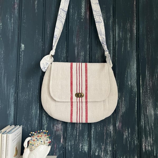 Handmade crossbody bag made from Antique Grain Sack. Vintage fabric bag with red stripes. Toile de jouy strap. Rustic country style.