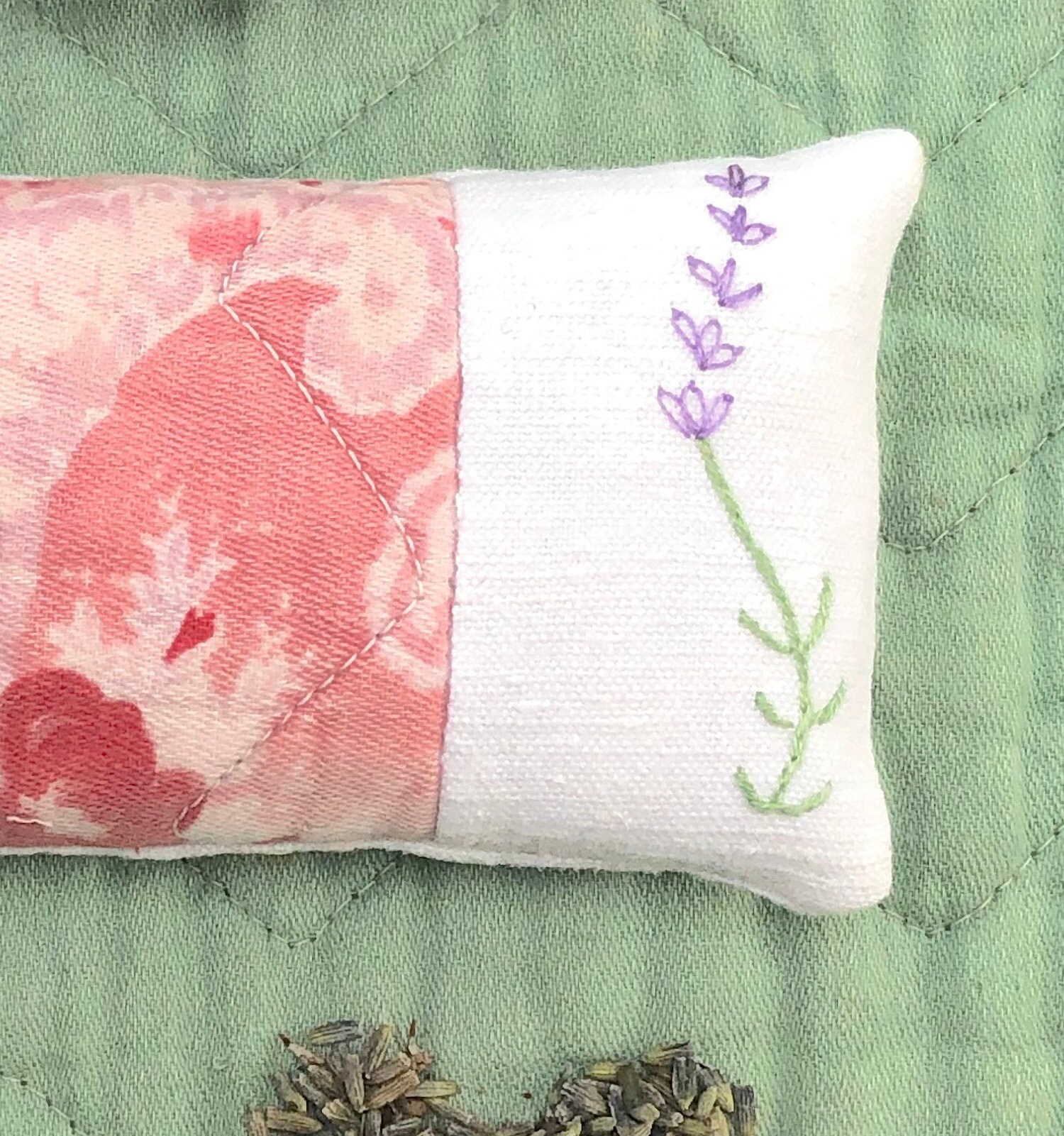 Embroidered Lavender pillow made with vintage quilt and Etsy