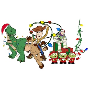 Pode incluir: Uma ilustração com tema natalino que apresenta Woody de Toy Story montando um cavalo marrom, com um dinossauro verde, um alienígena verde e Buzz Lightyear ao fundo. A ilustração é decorada com luzes de Natal e um bastão de caramelo.
