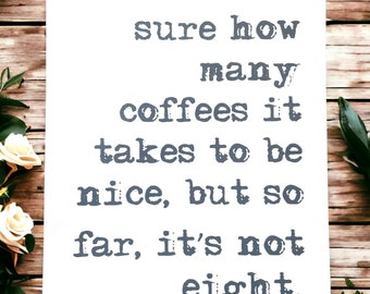 Coffee print quote| Un-framed A4 or A5 print of  "I am not sure how many coffees it takes to be nice, but so"| Kitchen Print| Home print.