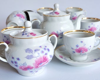 Vintage Tea Set for 9, USSR 70s, Tea Cups and Saucers, White Tea Service with Flower Pattern, Teapot Set, Mid Century Retro Kitchen