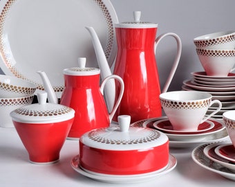 30 pcs Vintage Tea Set for 6, FREIBERGER, 1960s Retro Red White Porcelain Teapot Set, Red Tea Service, Mid Century Tea Serving