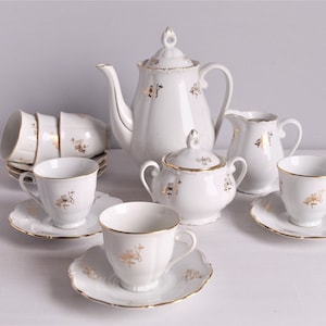 Fine China Coffee Set, Haas and Czjek Schlaggenwald, Czechoslovakia, 1950s Porcelain Demitasse Set, Coffee Service for 6, Espresso Set