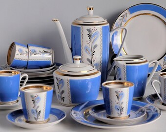Vintage Hand Painted Espresso Set, Fine China Coffee Set for 6, Demitasse Cups and Saucers, Blue Porcelain Coffee Pot Set