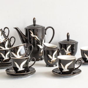 Juego de café chino vintage para 7 personas, juego de chocolate/cacao de porcelana con motivo de pájaro negro y dorado, tazas de café expreso, juego de cafetera