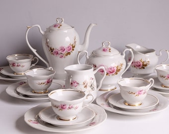 Juego de café de porcelana, vintage de la URSS, década de 1970, juego de tazas para 5, juego de espresso con estampado floral