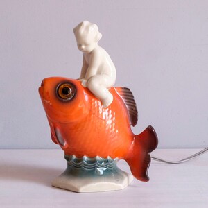 Antique Porcelain Night Light Boy Riding a Fish Germany 1960s